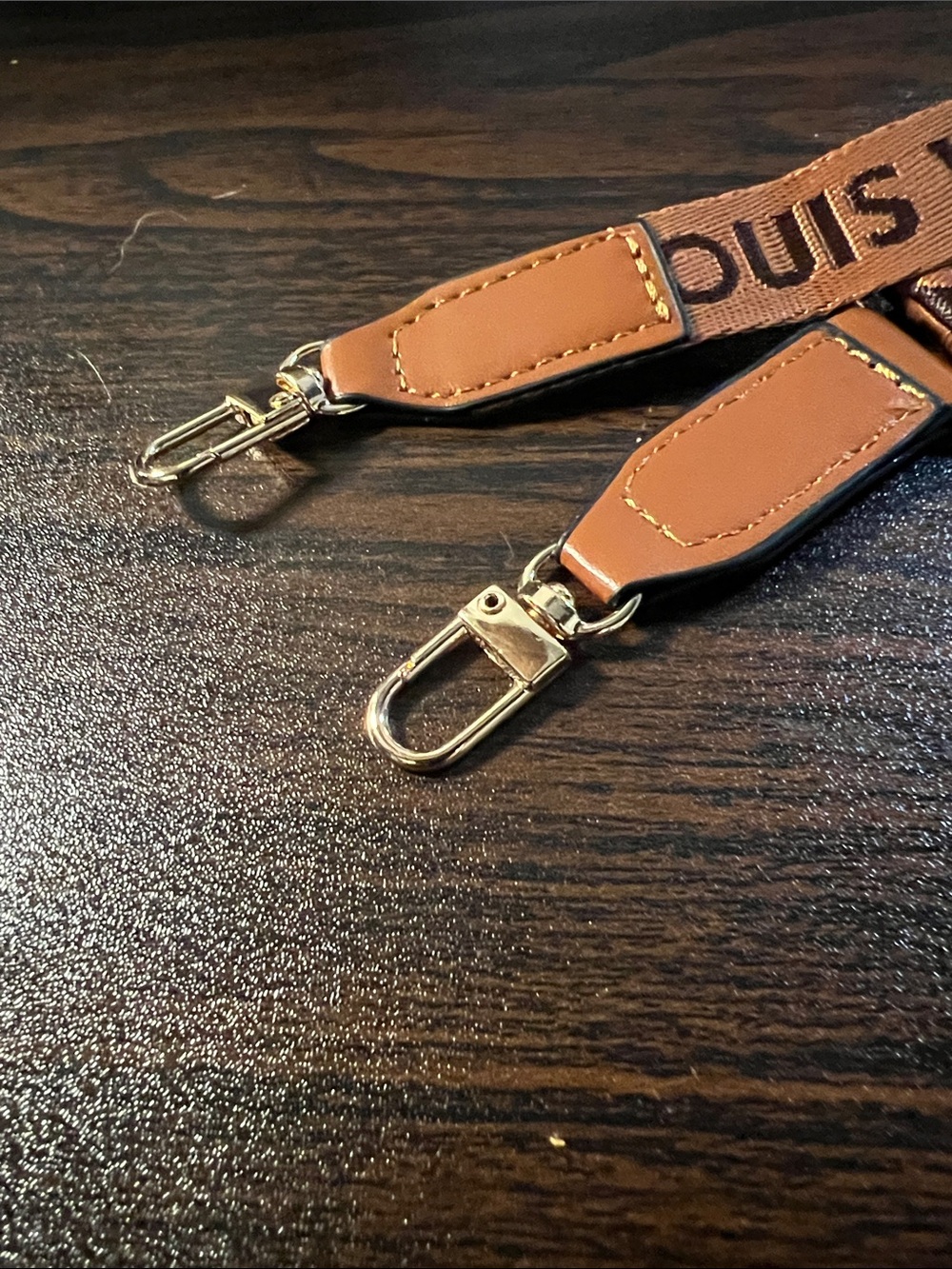 Designer Like LV Tan and Brown Logo Webbing Strap with Gold Hardware - Picture 3 of 4